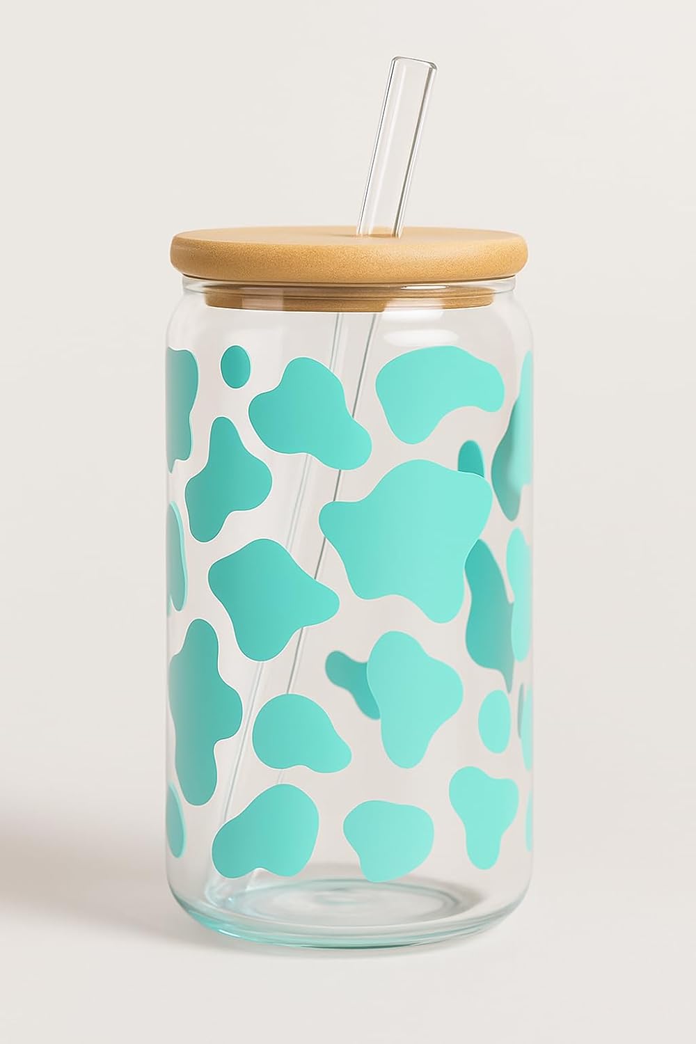 Cow Print Iced Coffee Glass Cup – 16oz Glass with Bamboo Lid