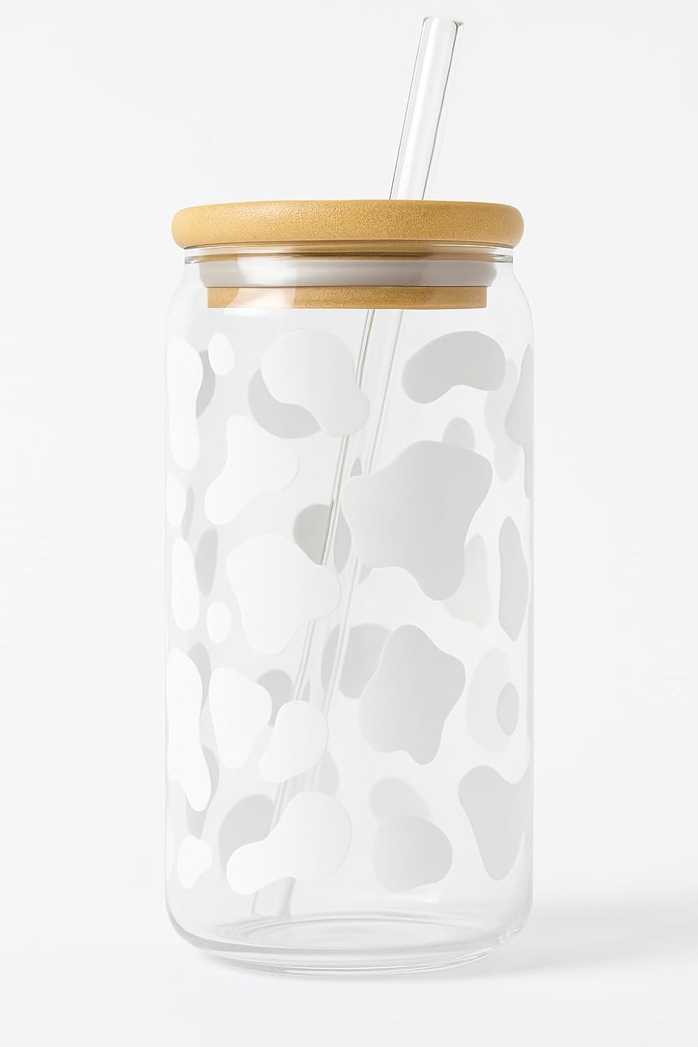 Cow Print Iced Coffee Glass Cup – 16oz Glass with Bamboo Lid
