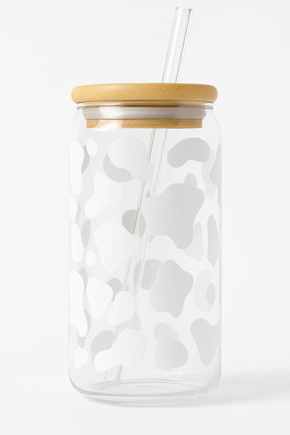 Cow Print Iced Coffee Glass Cup – 16oz Glass with Bamboo Lid