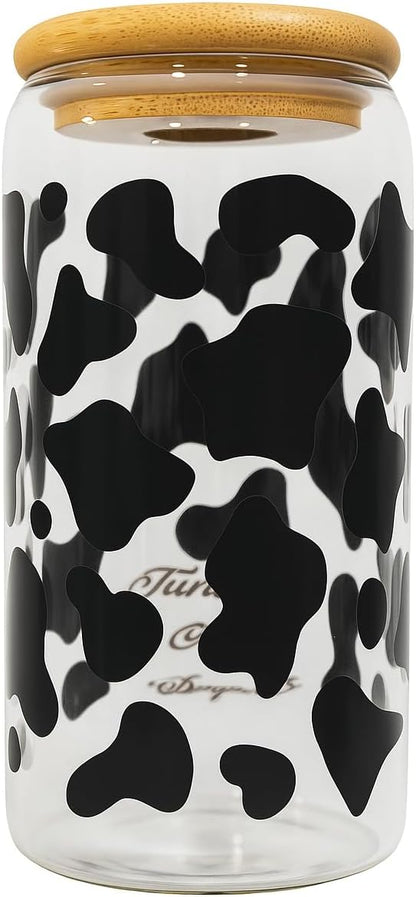 Cow Print Iced Coffee Glass Cup – 16oz Glass with Bamboo Lid