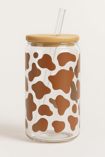 Cow Print Iced Coffee Glass Cup – 16oz Glass with Bamboo Lid