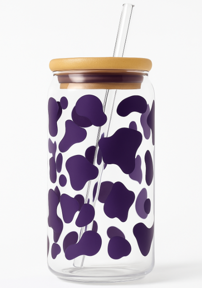 Cow Print Iced Coffee Glass Cup – 16oz Glass with Bamboo Lid