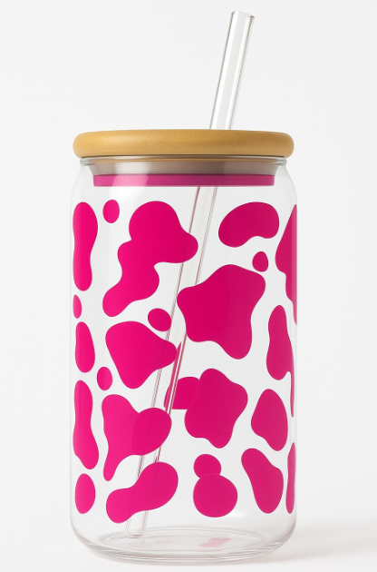 Cow Print Iced Coffee Glass Cup – 16oz Glass with Bamboo Lid
