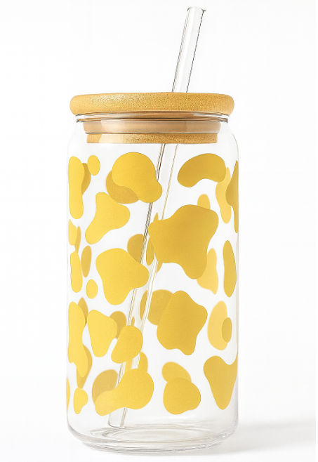 Cow Print Iced Coffee Glass Cup – 16oz Glass with Bamboo Lid