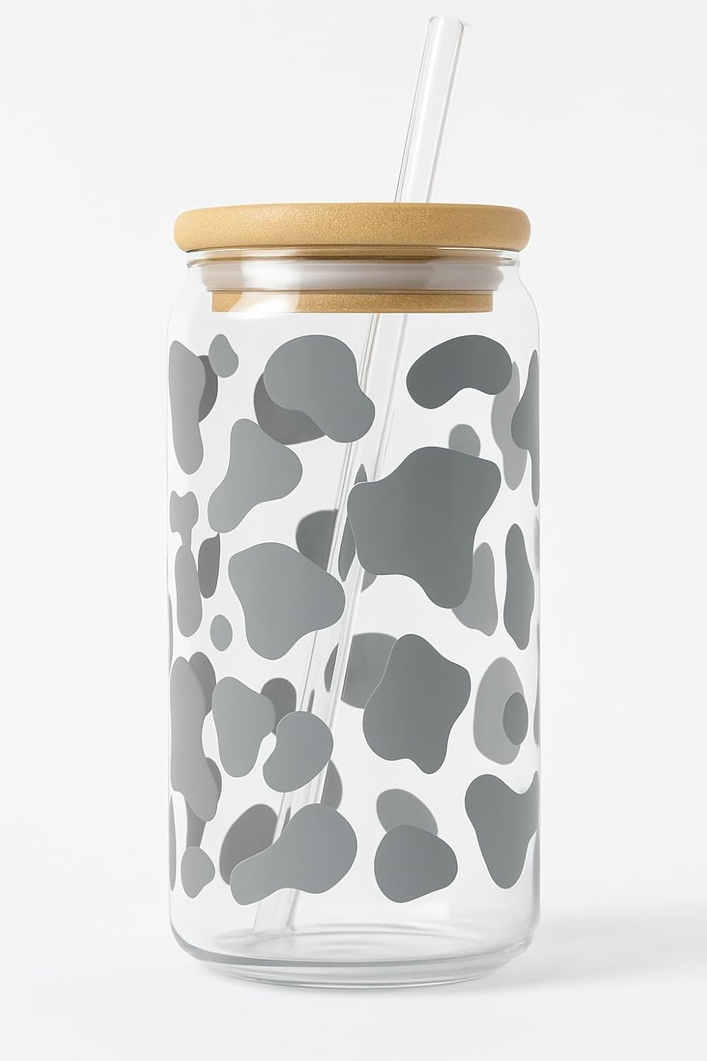Cow Print Iced Coffee Glass Cup – 16oz Glass with Bamboo Lid