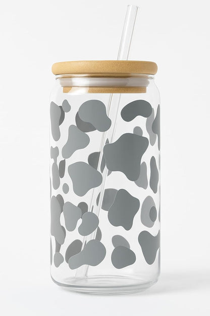 Cow Print Iced Coffee Glass Cup – 16oz Glass with Bamboo Lid