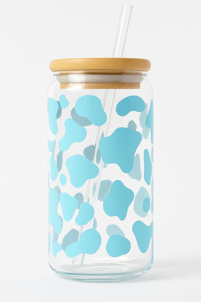 Cow Print Iced Coffee Glass Cup – 16oz Glass with Bamboo Lid