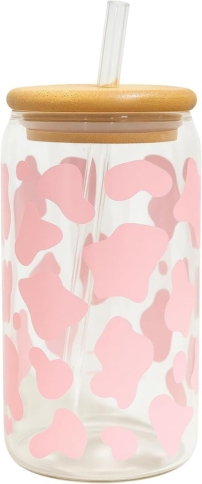 Cow Print Iced Coffee Glass Cup – 16oz Glass with Bamboo Lid