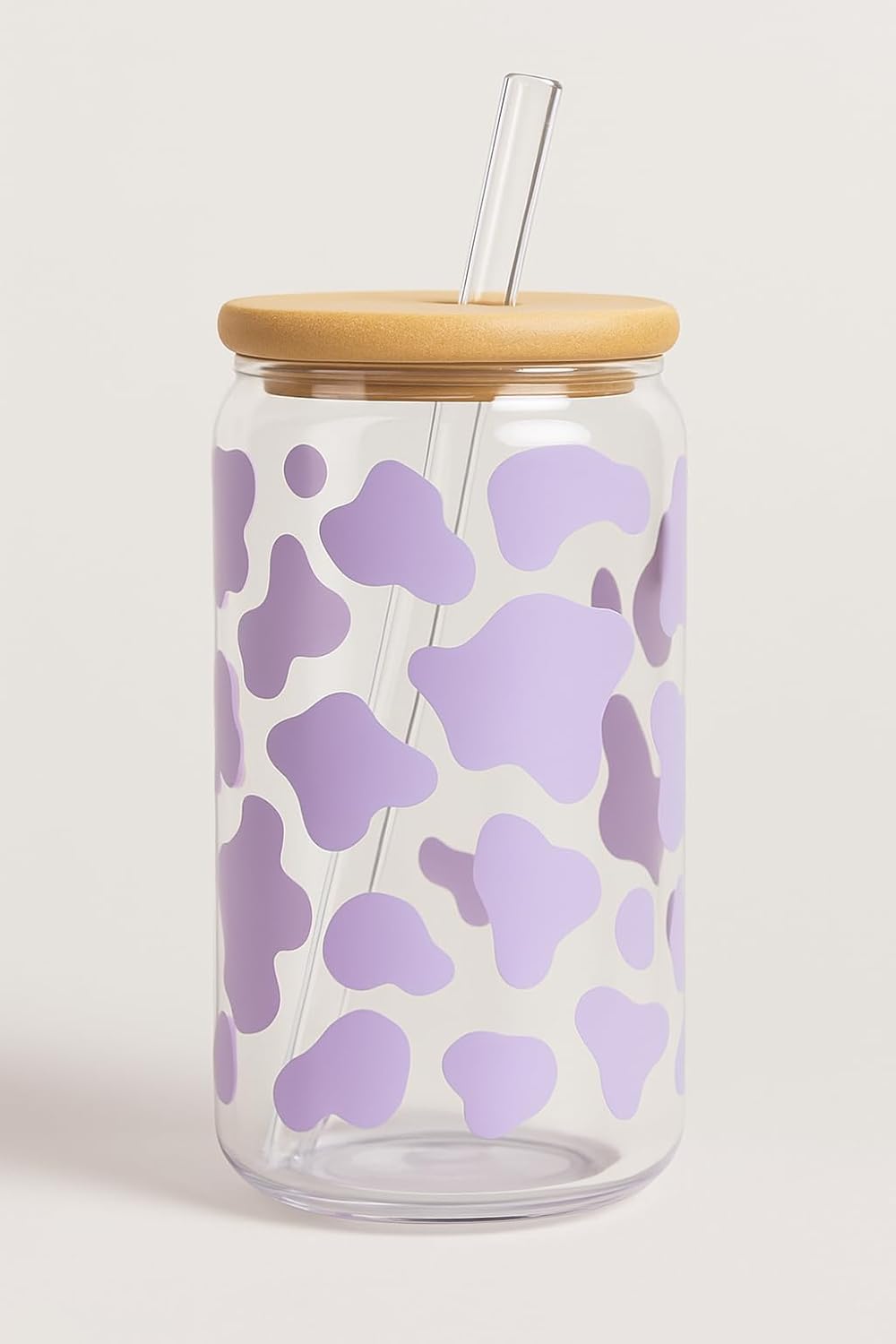 Cow Print Iced Coffee Glass Cup – 16oz Glass with Bamboo Lid