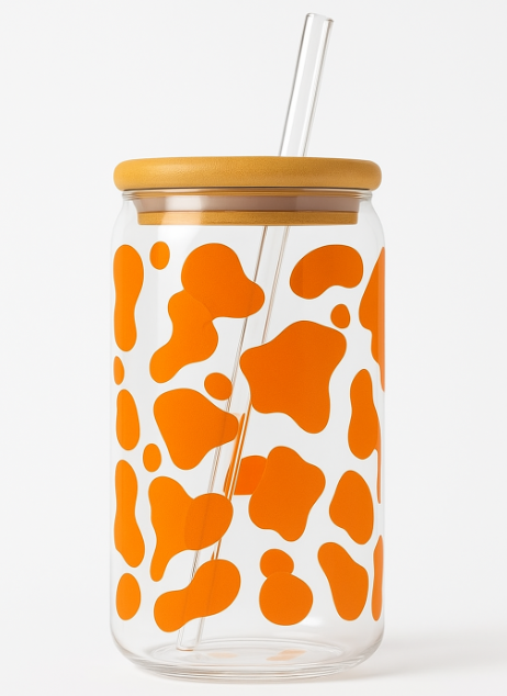 Cow Print Iced Coffee Glass Cup – 16oz Glass with Bamboo Lid