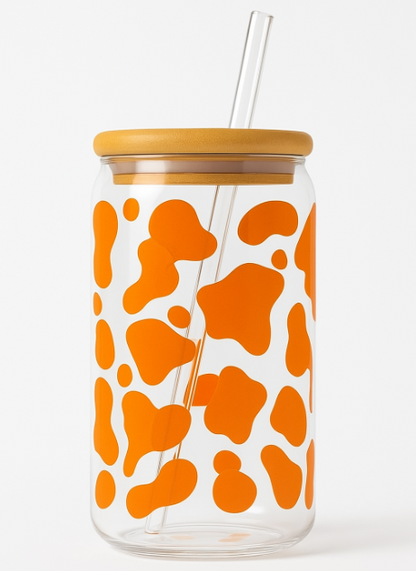 Cow Print Iced Coffee Glass Cup – 16oz Glass with Bamboo Lid