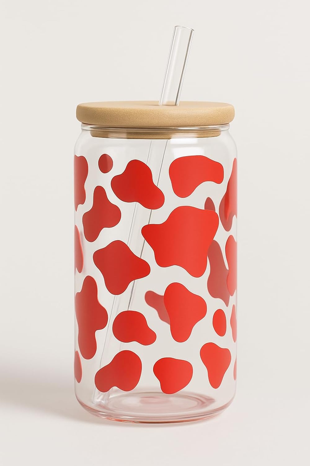 Cow Print Iced Coffee Glass Cup – 16oz Glass with Bamboo Lid