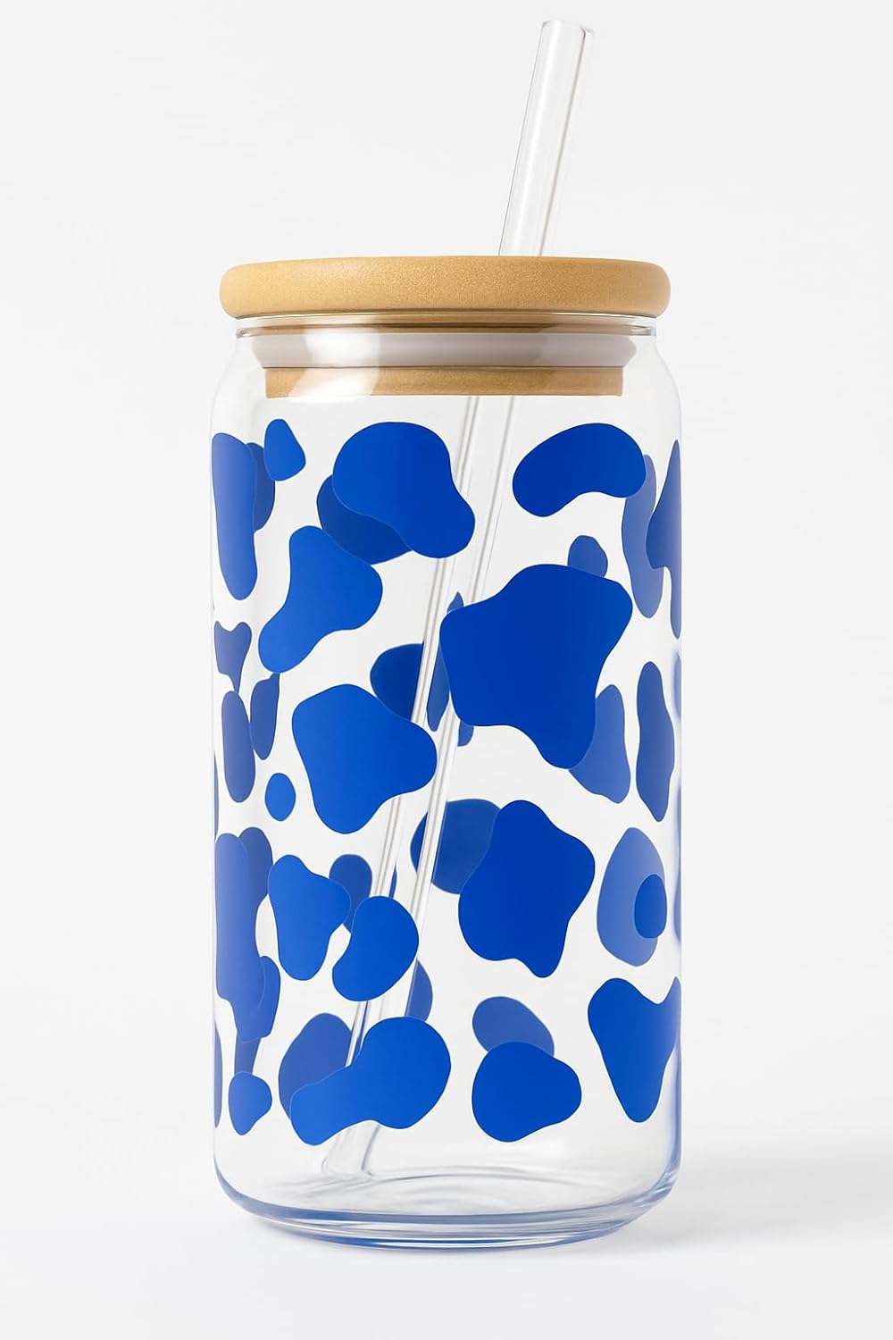 Cow Print Iced Coffee Glass Cup – 16oz Glass with Bamboo Lid