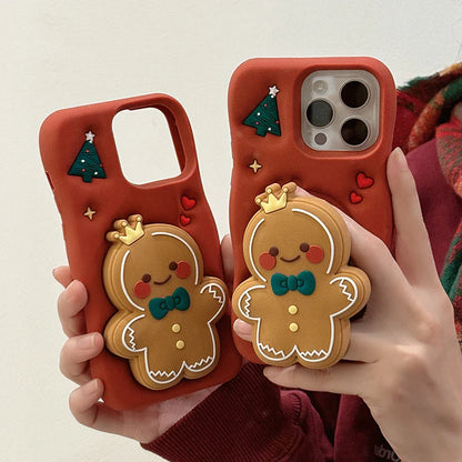 Red Christmas Gingerbread Man Folding Bracket Case For iPhone 11 12 13 15 16 17 Pro Max Soft Silicone 3D Holder Back Cover