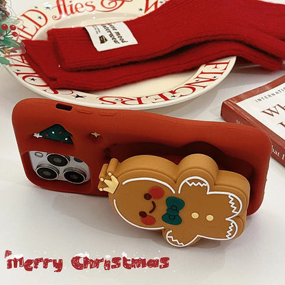 Red Christmas Gingerbread Man Folding Bracket Case For iPhone 11 12 13 15 16 17 Pro Max Soft Silicone 3D Holder Back Cover