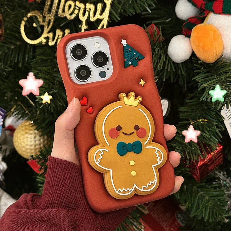 Red Christmas Gingerbread Man Folding Bracket Case For iPhone 11 12 13 15 16 17 Pro Max Soft Silicone 3D Holder Back Cover