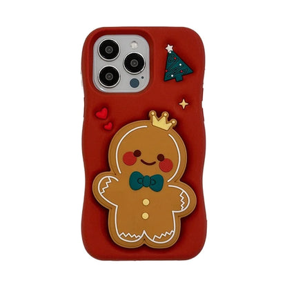 Red Christmas Gingerbread Man Folding Bracket Case For iPhone 11 12 13 15 16 17 Pro Max Soft Silicone 3D Holder Back Cover