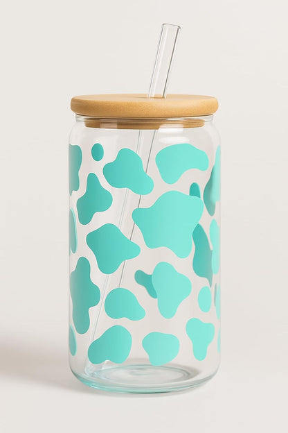 Cow Print Iced Coffee Glass Cup – 16oz Glass with Bamboo Lid