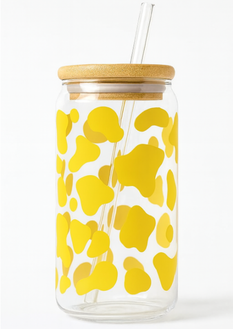 Cow Print Iced Coffee Glass Cup – 16oz Glass with Bamboo Lid