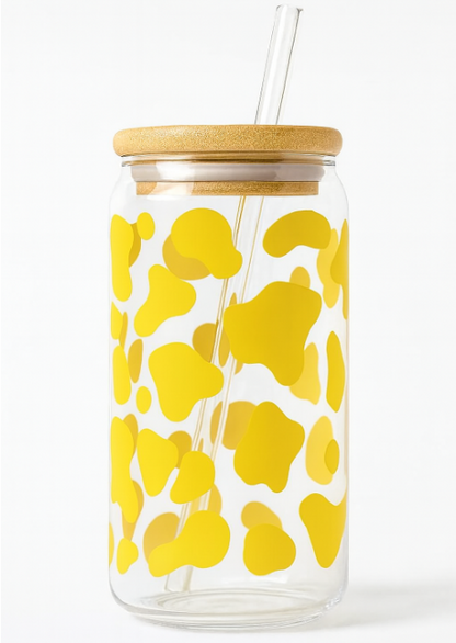 Cow Print Iced Coffee Glass Cup – 16oz Glass with Bamboo Lid