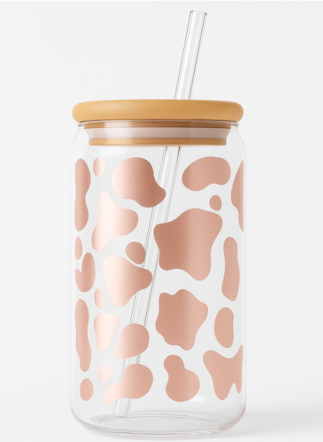 Cow Print Iced Coffee Glass Cup – 16oz Glass with Bamboo Lid